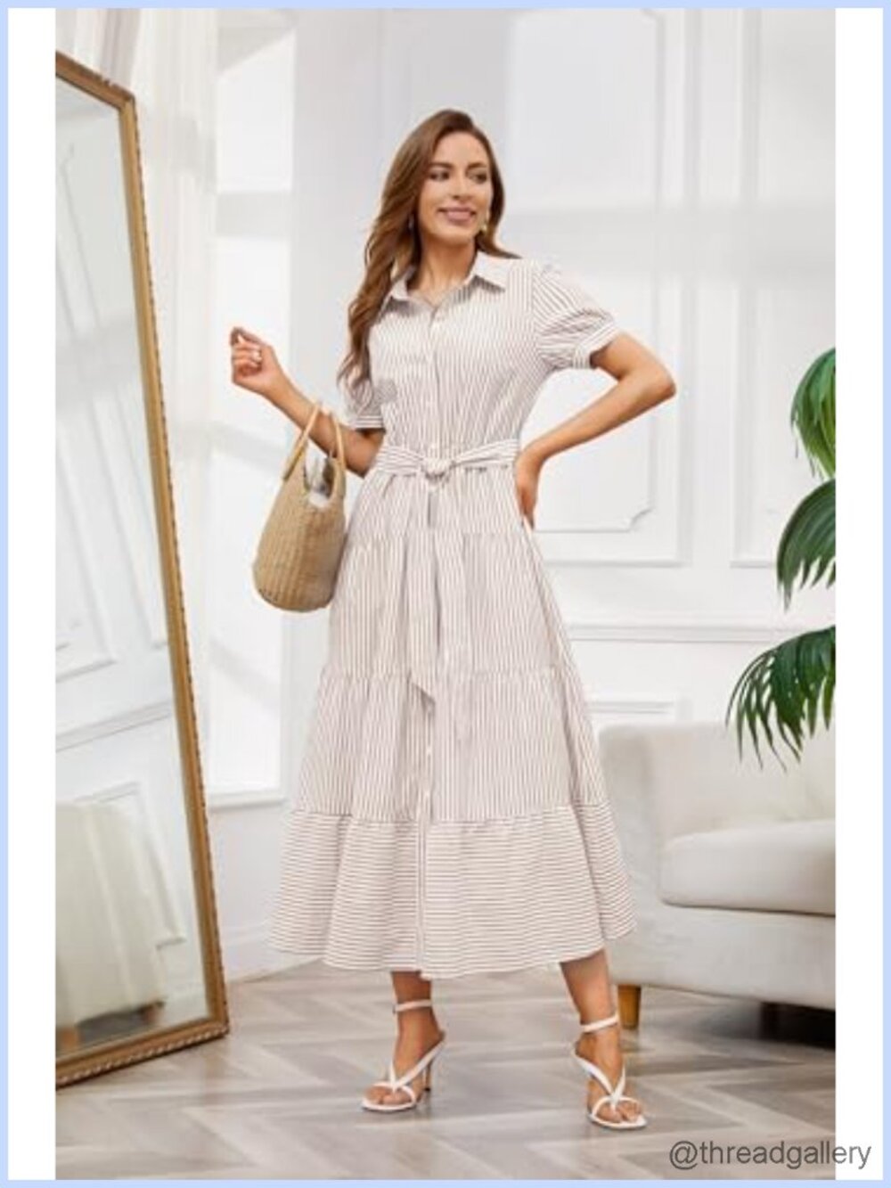 Womens Button Down Tie Waist Ruffled Striped Maxi Shirt Dress Short Sleeve - Picture 4 of 6